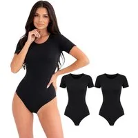 fashionshowcase Kurzarmbody Damen 2er Pack Bodysuit Rundhals Baumwolle Elasthan Basic Shirt (Packung, 2er Pack) Atmungsaktives Material, elastische Passform