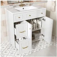Flieks Waschtisch Waschbeckenunterschrank mit Waschbecken (B81,7/T46,8/H90 cm, 1-St., bodenstehend, Badschrank Volllackierung), Badmöbel mit Schubladen und Türen Badzimmerschrank, Massivholzfüß