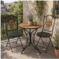 HTI-Living Garten-Essgruppe Sitzgruppe Metall Bistro Set mit Motiv Holz für Balkon und Terrasse, (Set, 3-tlg., 1 Tisch 2 Stühle), Sitzgruppe Essgruppe Balkonset