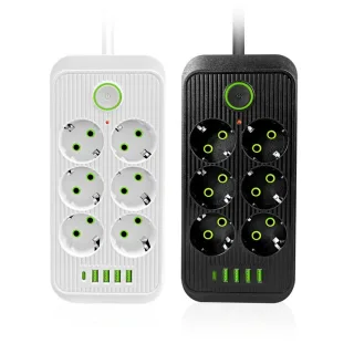 F06 2500W EU Plug AC Outlet Power Strip Multitap Extension Cord Electrical Socket with 4 USB+Type-C Ports Fast Charge Ho