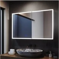 Gunuss Badezimmerspiegelschrank mit Beleuchtung 80 x 60 cm, Spiegelschrank mit Touch, 2 Türen (Hängeschrank mit LED Beleuchtung, 80 Länge x 60 Höhe x 14,5 Breite cm) Badezimmer Medizin Kabinett mit Defog, Stufenloses Dimmen, Steckdosen