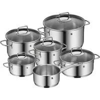 WMF Topf-Set Astoria Induktion, Kochtopf Set mit Glasdeckel, Cromargan® Edelstahl Rostfrei 18/10 (Set, 11-tlg., 2x Bratentopf mit Deckel, 3x Kochtopf mit Deckel, 1x Stielkasserolle), für alle Herdarten geeignet, mit Schüttrand, TransTherm-Allherdbode