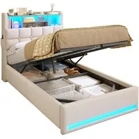 MSMASK Polsterbett Hydraulisches Stauraumbett mit LED-Bleuchtung, 90X200 cm (1-tlg., Ohne Matratze), Jugendbett mit USB- und Type-C-Anschlüsse, Leinenstoff