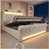 Flieks Polsterbett, Hydraulisches Stauraumbett 140x200cm mit LED Beleuchtung und USB/Typ-C
