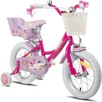JOYSTAR Kinderfahrrad 12 14 16 18 Zoll Mädchenfahrrad, 3 - 9 Jahre, Geschenk für Prinzessin, 1 Gang, Puppenradsitz & Stützrädern& Korbstreamer, 18 Zoll mit Stützrädern