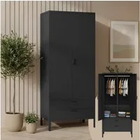 skølm Kleiderschrank Ituri aus Metall (Schwarz) Schrank mit 6 Fächern, 2 Schubladen & 2 Kleiderstangen, 170x80x45 cm