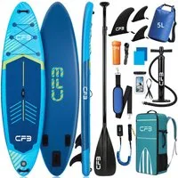 CFB SUP-Board Set 320x84x15 cm extra breit, Bis zu160 kg, aufblasbar Stand Up Paddle Board, (iSUP Komplett-Set, 12 tlg., mit Alu Paddel, Pumpe, Rucksack, Leash, 5L Dry Bag und Schultergurt), Paddleboard aufblasbar für Anfänger & Erwachsene