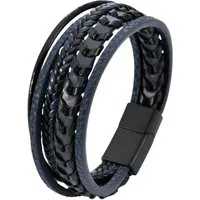 S&T Design Lederarmband Herren Armband Schwarz Braun Blau (Samttüte, 1,5 CM Buckle), Männer Geschenk Geflochten Edelstahl Magnetverschluss