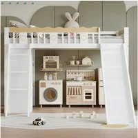 Merax Hochbett mit vierseitigem Muster-Zaun (Etagenbett Jugendbett Einzelbett Kieferholzbett, 1-St) Kinderbett 90x200cm mit Kleiderschrank Rutsche Ablageschrank Leiter