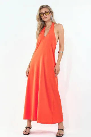 Baumwoll-Midi-Halterkleid mit Schlitz