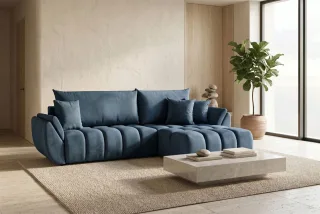 Ecksofa Schlafsofa Sofa COLLIN in Stoff Monolith Blau Ottomane Rechts