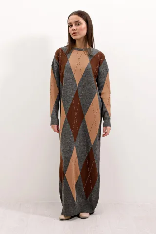 Geometrisches Muster Crew Neck Maxi Strickkleid