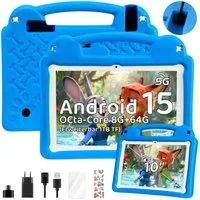 WILGOON 10.1'' Kids Android 15 mit Stylus Tablet A523 Octa Core bis 2.0 GHz HD Tablet (10.1", 64 GB, Android 15, 2.4G+5G WIFI6, 6000 mAh mit WiFi 6 Bluetooth 5.0 GMS mit Tasche+Sticker für Kinder)