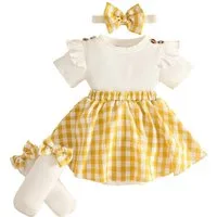 Gluckids Strampler Stramplerkleid für Babys mit Karomuster, Partykleid, Geburtstags (Set, 3-tlg) Sommer Baby Mädchen Kleidung, Kleid & Kniehohe Socken & Haarband
