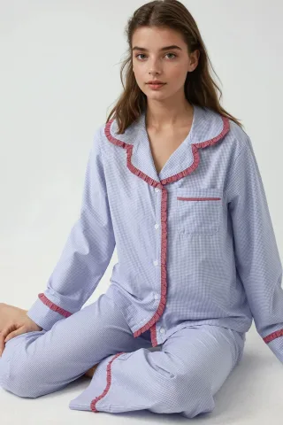 Kariertes Baumwoll-Pyjama-Set mit Hemdkragen