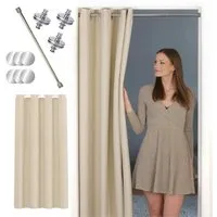 tinycurtains Türvorhang mit Stange silber 70-120 cm Thermo Vorhang ohne Bohren, mit Magneten, Ösen, abdunkelnd, Polyester, beige Driftwood, Türgardine mit Klemmstange Raumteiler verdunkelnd