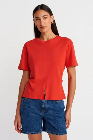 Damen Baumwoll T-Shirt mit Rundhalsausschnitt und Schlitz