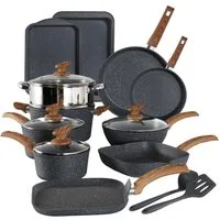 Kitchen Academy Topf-Set, Aluminium, Granit (17-tlg, Pfanne 20cm/28cm, Bratpfanne 24cm, Quadratische Bratpfanne 24cm/29cm, Kasserolle 1,5qt/3qt/5qt, 5qt Dampfgarer, 2 Backform, 2 Silikonspatel), Induktions Töpfe Set 17-teilig Kochtopf Set mit Glasdec