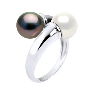 Ring You & Me Prestige aus Silber 925 rhodiniert, verziert mit echten Tahiti-Zuchtperlen und SÜSSWASSERFARBE NATURWEISS – 8-9 mm