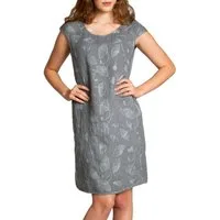 Caspar Sommerkleid SKL031 knielanges Damen Sommer Leinenkleid mit Ginko Blatt Stickmuster Luftig leicht, figurumspielende Form, mit seitlichem Jersey-Einsatz