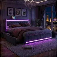 PXloue Polsterbett LED Doppelbett 140x200cm mit Ladefunktion und 4 Schubladen Polsterbett (Geeignet für Jugendliche und Erwachsene), Stauraumbett, mit RGB-LED, Lattenrost und praktischen Schubladen