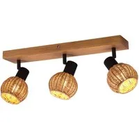 meineWunschleuchte Deckenstrahler Rattan-Lampe mit Holz, Breite 50cm, ohne Leuchtmittel, Innen Deckenleuchte, Korblampe skandinavisch mit 3 Strahler, Holzlampe