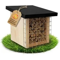 BEESI Insektenhotel mit Vogelschutz-Gitter & Multiplex Dach, Bambus & Schilf (4-8mm), (Artgerechtes Wildbienenhotel wetterfest), Vogelschutzgitter