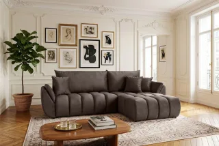 Ecksofa Schlafsofa Sofa COLLIN in Stoff Monolith Braun Ottomane Rechts