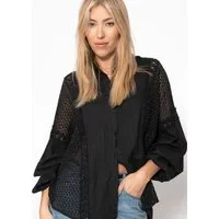 SASSYCLASSY Langarmbluse Leinen Bluse Damen mit Spitzeneinsätzen Oversize Blusenhemd Elegant mit Spitze und V-Ausschnitt Schwarz Weiß