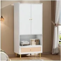 Merax Drehtürenschrank Kleiderschrank, Modern Garderobenschrank (1-St., mit Rattan-Schublade, Kleiderstange) 80 × 48 × 175 cm, Weiß