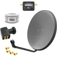 ARLI 60cm HD Sat Anlage grau + Quad LNB + 15m Koaxialkabel + Satfinder SAT-Antenne (60 cm, Stahl, + 4x F-Stecker vergoldet Set 10531)