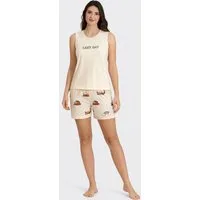fashionshowcase Pyjama Damen Hausanzug – Sommerlicher Schlafanzug Shorts & Shirt, 4 Designs (2 tlg., 2-teiliges Set) Print auf dem Oberteil, verschiedene Muster auf den Shorts