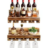 Yorbay Weinregal Set, Weinregal aus Holz Wandregal für Flaschen & Gläser, Wandregal Wandmontiertes Weinregal