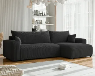 Ecksofa mit Schlaffunktion LUNA MAX in Stoff Poso Schwarz Ottomane Rechts