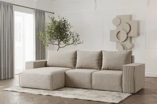 Ecksofa Designersofa ESTELLE in Stoff Poso Beige Ottomane Links