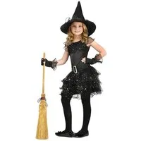 Fun World Hexen-Kostüm Hexe Kleid - Halloween Kostüm Kinder - Fasching, Zauberhaftes Glitzer Hexen Kostüm für Mädchen
