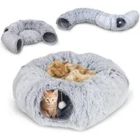 CALIYO Tiertunnel Katzentunnel 180 CM Tierbett Rund Mit Schlafplatz, Katzentunnel XXL, Für Katzen, mit faltbarem Rohr, abnehmbarer Matte und Schüttelbällen