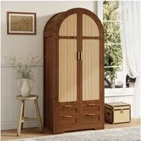 MODFU Kleiderschrank Praktischer Stauraumschrank mit Kleiderstange & Schubladen (Packung, 1-St., Nussbaum-Schrank mit Rattan-Türen, 80 cm Breite, 179 cm Höhe) Luxuriöser Kleiderschrank, für Schlafzimmer und Eingangsbereiche