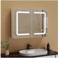 PXloue Badezimmerspiegelschrank Spiegelschrank Doppeltür Hängeschrank 80x60x13.5 cm (Einstellung der warmen und kalten Farbtemperatur 3000/4500/6400K) inkl. LED-Beleuchtung, Stecker, Touchschalter, Beschlagfrei