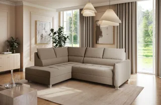 Ecksofa Schlafsofa Sofa MARNO in Stoff Vogue Taupe Ottomane Links