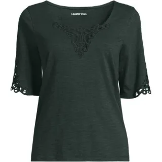Flammgarn-Shirt mit Lochspitze für Damen, Damen, size: regular, Grün, Baumwolle, by Lands' End
