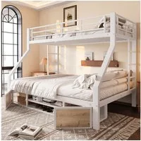 Merax Etagenbett 90x200cm & 140x200cm mit Eisenrahmen (Jugendbett Doppelbett Stockbett, 1-St), Metallbett Kinderbett mit Schuhschrank, Staufächern, Geländer & Leiter
