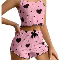 Norvéa Home Pyjama Zweiteiliger Damen Pyjama mit Herzmuster – Soft & figurbetont (2-teilig, Pyjama + Hose) mit Schleife, figurbetonter Schlafanzug