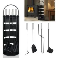 FIVMEN Kamingarnitur 5 teilig Kaminzubehör Edelstahl Kaminofen Kaminbesteck, mit Standfuß, Besen, Zange, Schürhaken, Ascheschaufel, Silber/Schwarz