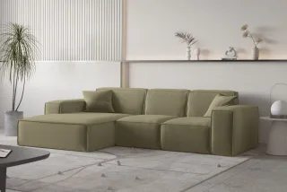 Ecksofa Designersofa CELES PREMIUM Stoff Opera Velvet Olivgrün Ottomane Links