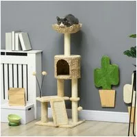 PawHut Kratzbaum Kratzstamm, Katzenkratzbaum mit Katzenbett, einem Ball, für Wohnzimmer, Beige