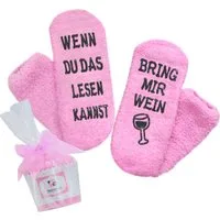 Lucadeau Kuschelsocken Geschenk für Frauen mit Wein Spruch, liebevoll als Cupcake verpackt (Gr. 37-43, 1 Paar) rutschfest, flauschig, Geschenkverpackung