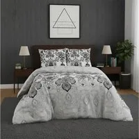 Buymax Bettwäsche Wendebettwäsche, Bettbezug-Set, Renforcé 100% Baumwolle, 3 teilig, 200x200 cm, elegant, mit Reißverschluss, Barock, Weiß, Grau