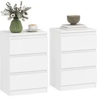 HOMCOM Nachttisch griffloses Design (Beistelltisch mit 3 Schubladen, 2-St., Nachtschrank), für Schlafzimmer, Wohnzimmer, 40 x 30 x 59,5 cm, Weiß