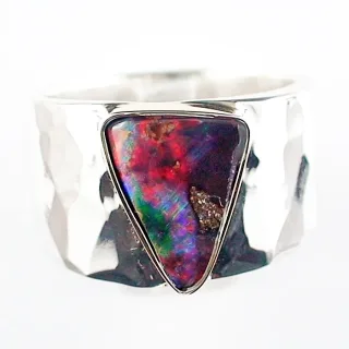 Massiver Herrenring mit Top GEM Boulder Opal in 925 Silber &amp; 750 Gold